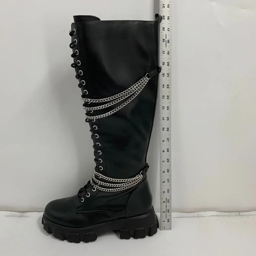 Hot Topic Women’s Black‎ Chains Platform Side Zip Knee-High Boots Size 10 NWOB - Picture 14 of 16